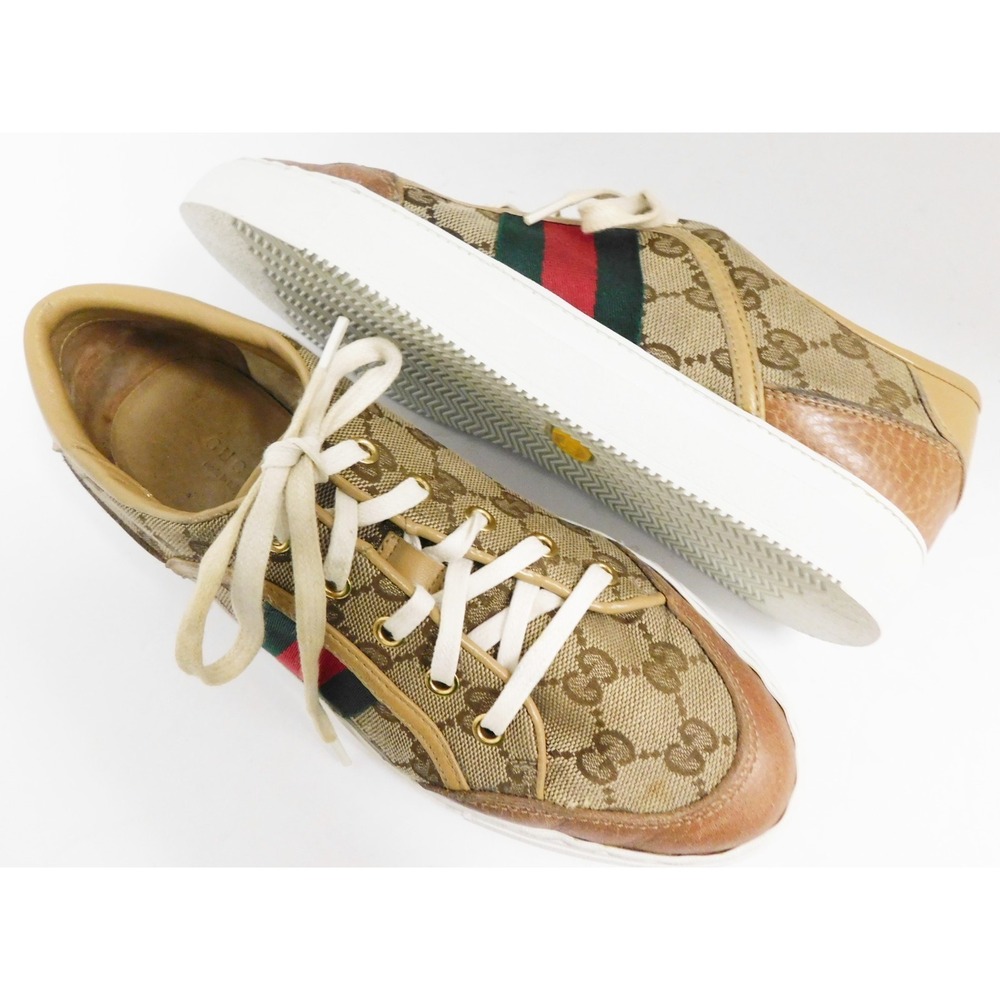 Gucci Ace Red Green Stripe GG Brown Canvas Leather Low-Top Sneakers 38 G - Picture 2 of 7